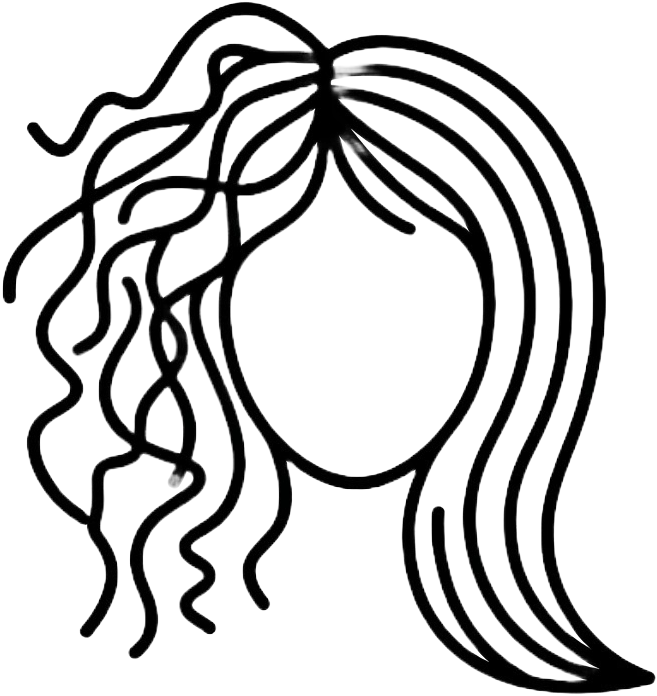 Black and white line drawing of a stylized face with frizzy hair on the left and smooth hair on the right. 